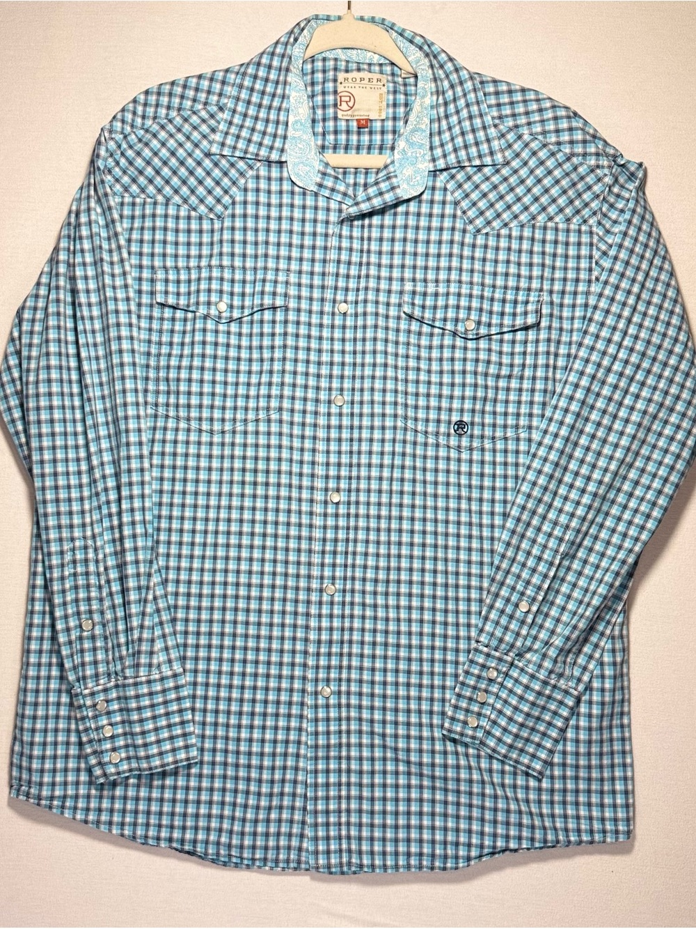 Roper Turquoise and White Plaid Western Snap Shirt
